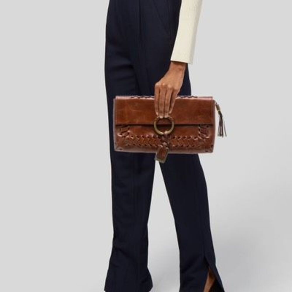 Frye Leather Clutch Braided Detailing Brass Hardware